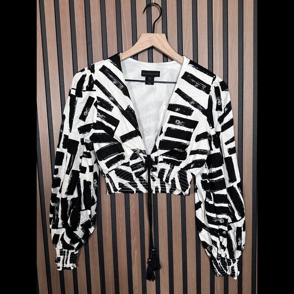 House of Harlow Top Small Womens Geometric Linen Crop Elastic Waist Long Sleeve - Picture 1 of 7